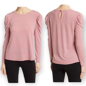 ADRIANNA PAPELL Printed Puff Sleeve Top Red White Geometric Print Size M